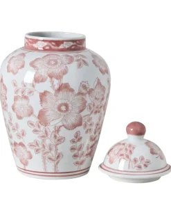 Beliani Vaso con coperchio MOGUER Porcellana 36 cm Rosso/Bianco Bianco Rosso