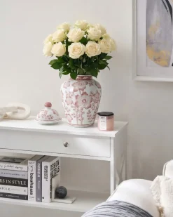 Beliani Vaso con coperchio MOGUER Porcellana 36 cm Rosso/Bianco Bianco Rosso