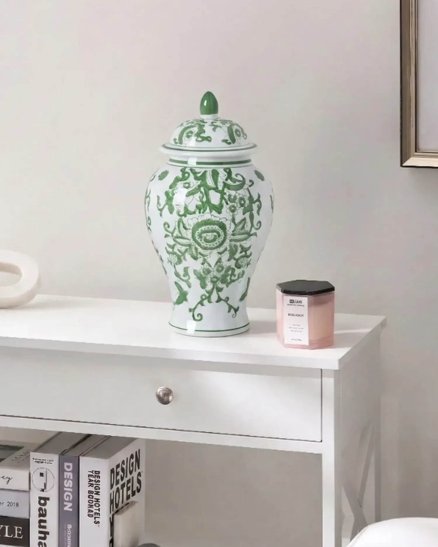 Sale Beliani Vaso con coperchio MONDRAGON Porcellana 37 cm Bianco/Verde Bianco Verde
