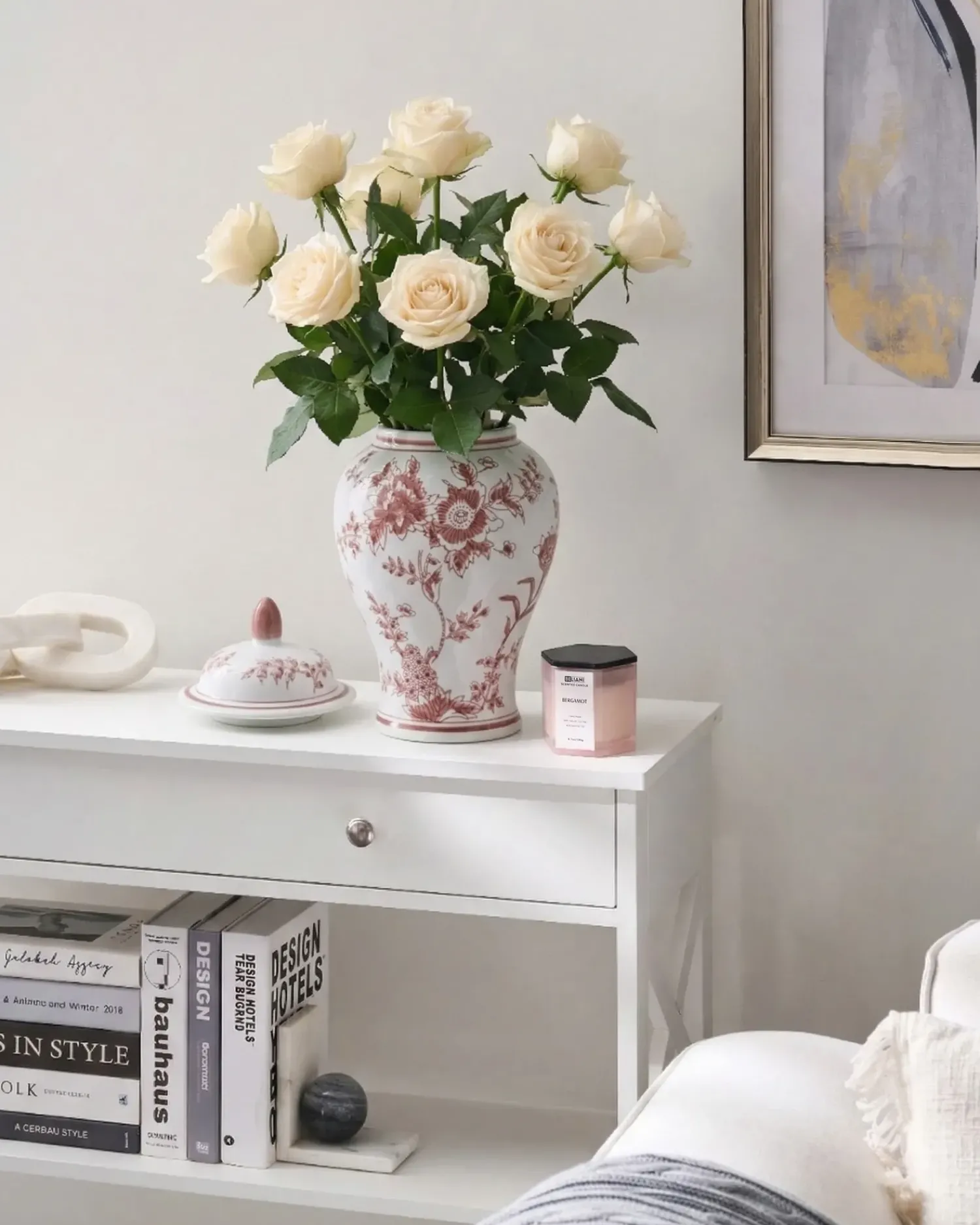 Beliani Vaso con coperchio SEWILLA Porcellana 38 cm Rosso/Bianco Bianco Rosso