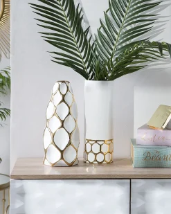Sale Beliani Vaso da fiori AVILA Gres porcellanato 36 cm Bianco Bianco Oro