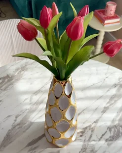 Sale Beliani Vaso da fiori AVILA Gres porcellanato 36 cm Bianco Bianco Oro