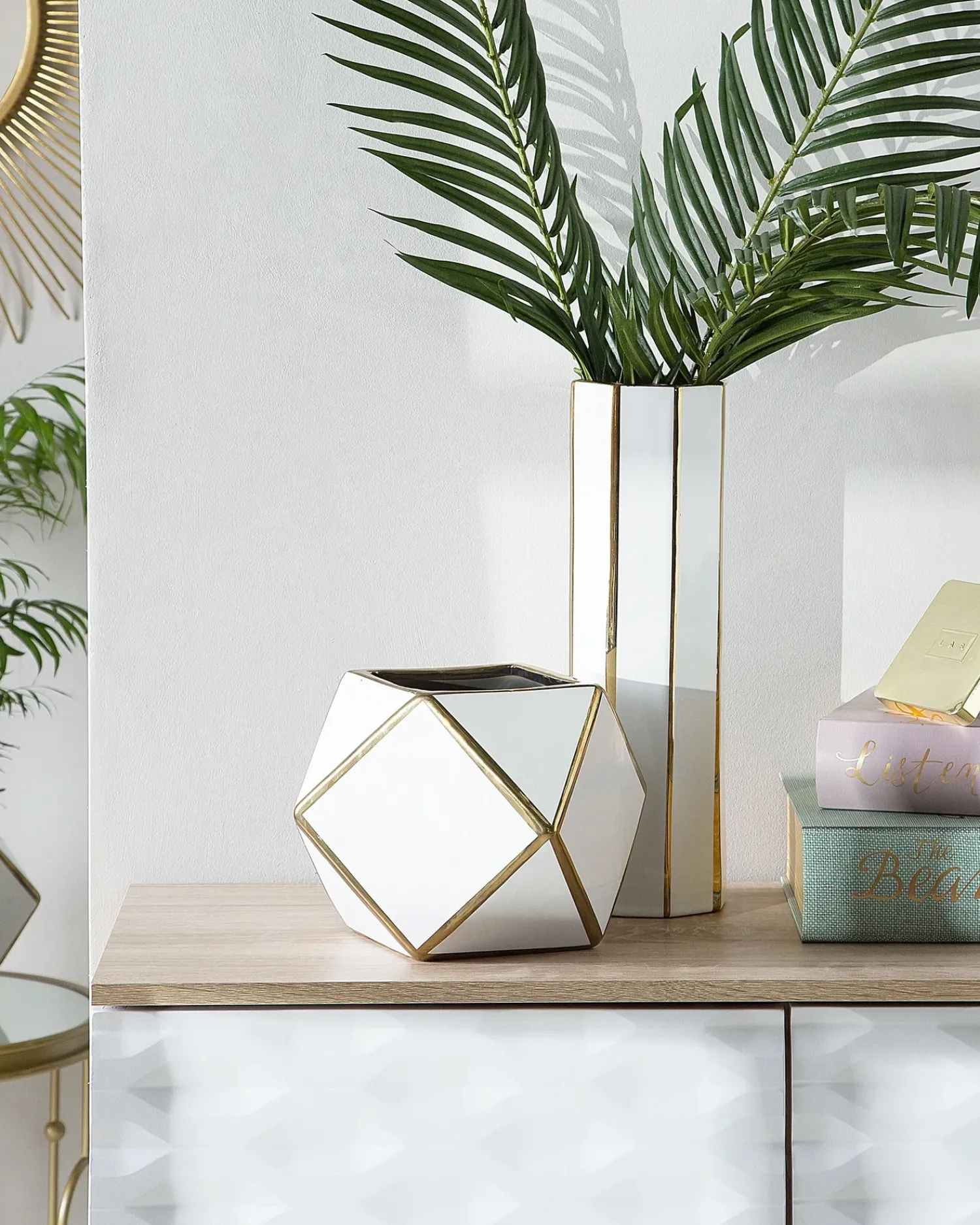 Outlet Beliani Vaso da fiori ESTELLA Ceramica 40 cm Bianco Bianco Oro