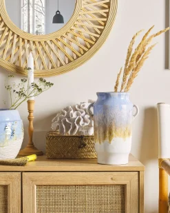 Outlet Beliani Vaso da fiori GERRHA Gres porcellanato 25 cm Azzurro Bianco Oro Blu