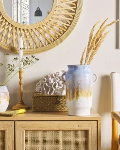 Outlet Beliani Vaso da fiori GERRHA Gres porcellanato 25 cm Azzurro Bianco Oro Blu