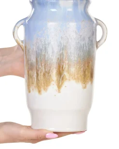 Outlet Beliani Vaso da fiori GERRHA Gres porcellanato 25 cm Azzurro Bianco Oro Blu