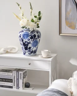 New Beliani Vaso da fiori GIRONA Porcellana 35 cm Bianco/Blu Bianco Blu