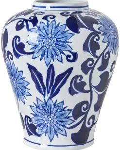 New Beliani Vaso da fiori GIRONA Porcellana 35 cm Bianco/Blu Bianco Blu