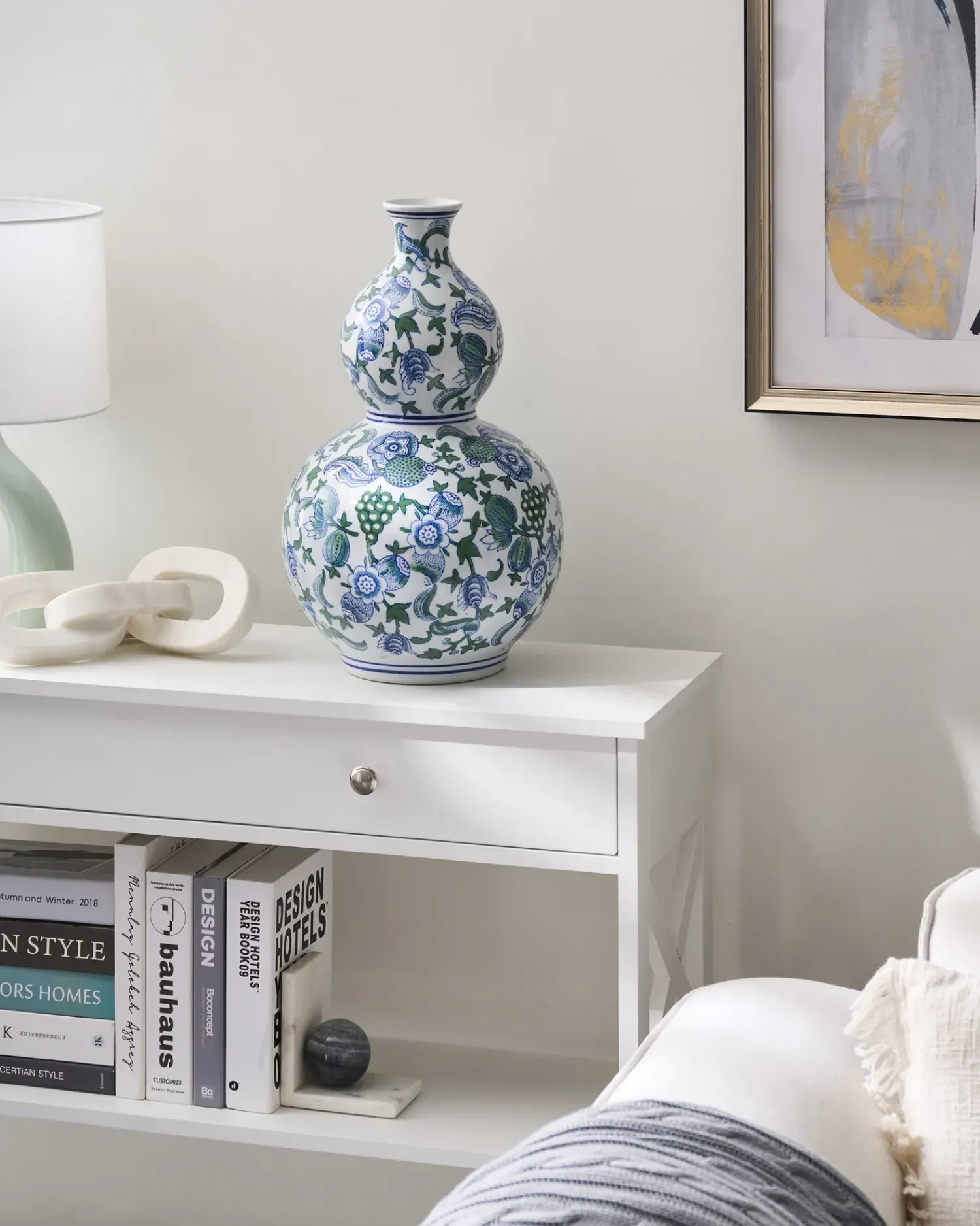 Outlet Beliani Vaso da fiori MOSTOLES Porcellana 45 cm Bianco/Blu Bianco Blu Verde