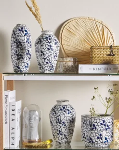 Clearance Beliani Vaso da fiori MUTILENE Gres porcellanato 25 cm Bianco Bianco Blu