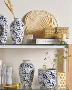 Discount Beliani Vaso da fiori MYOS Gres porcellanato 15 cm Bianco Bianco Blu