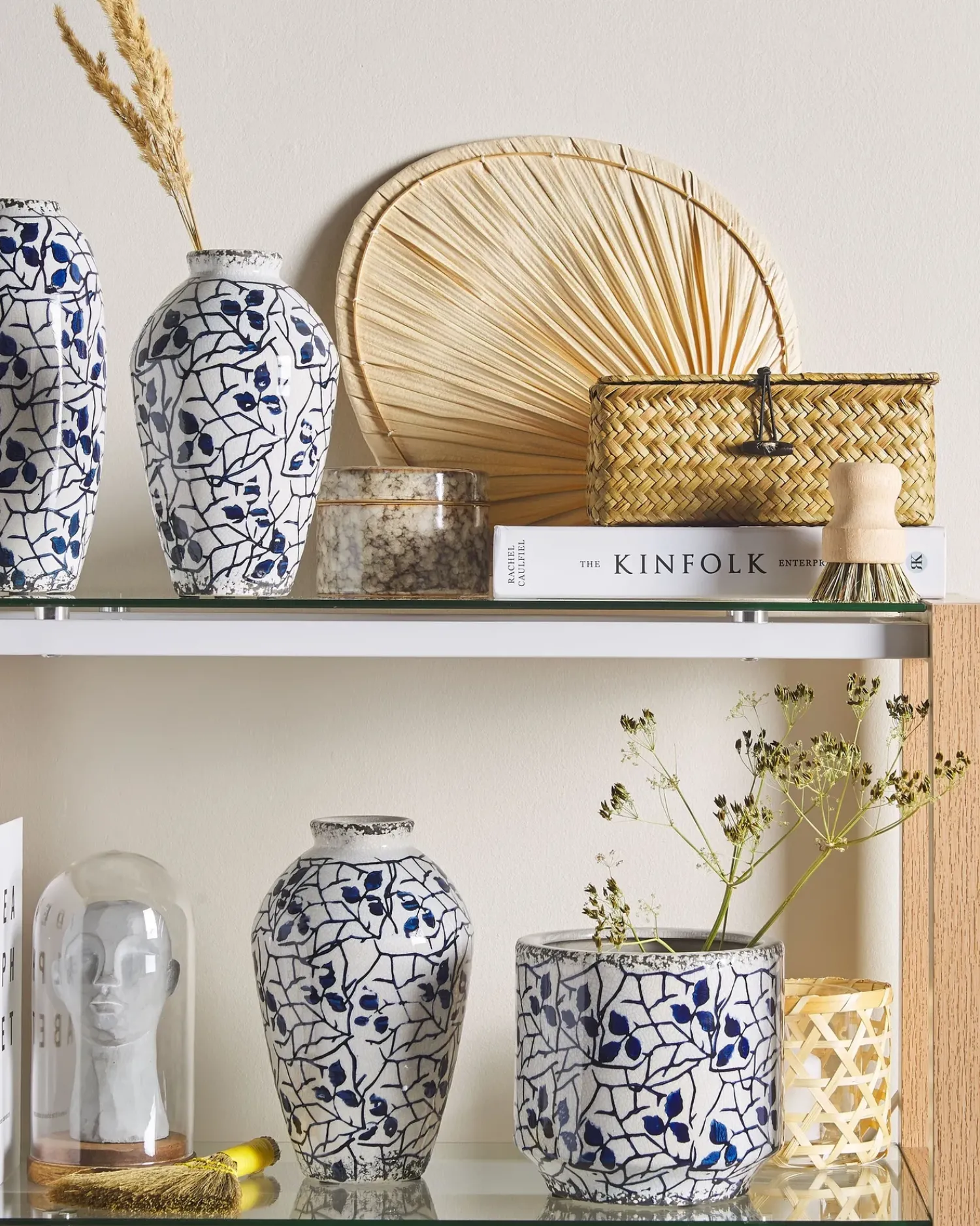 Discount Beliani Vaso da fiori MYOS Gres porcellanato 15 cm Bianco Bianco Blu