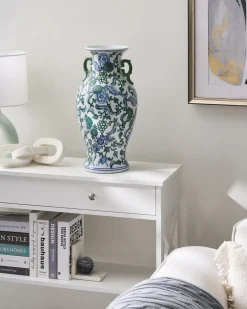 Discount Beliani Vaso da fiori SEGOWIA Porcellana 47 cm Bianco/Blu Bianco Blu Verde
