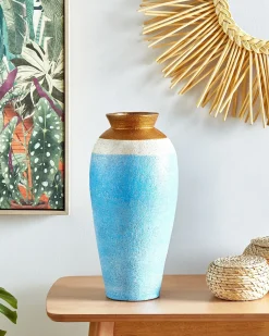 Online Beliani Vaso decorativo PLATEJE Ceramica 42 cm Blu Bianco Blu Oro