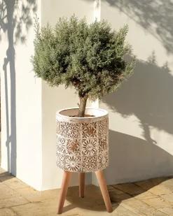 Best Beliani Vaso per piante rialzato KARISTOS 36 cm Bianco sporco Beige Bianco Marrone