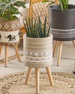 New Beliani Vaso per piante rialzato MILINA 30 cm Beige Bianco Beige Marrone
