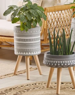 New Beliani Vaso per piante rialzato NAUSA 30 cm Grigio chiaro Bianco Marrone Grigio