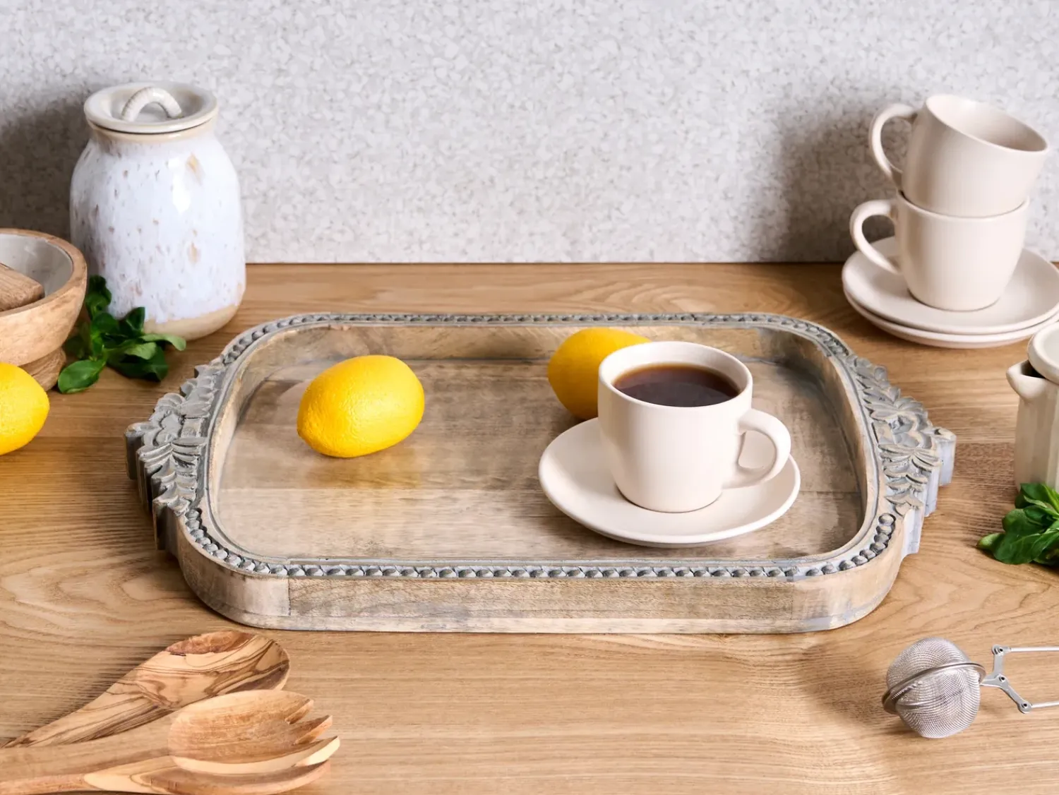 Sale Beliani Vassoio ASIUT Legno di mango Marrone chiaro Marrone Grigio